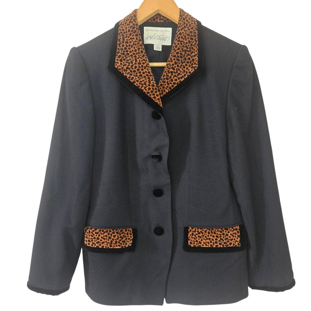 Lord & Taylor Womens Blazer Size 6 Black Wool Leopard Print Velvet Trim Jacket